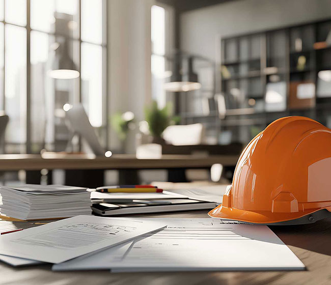 Orange construction hard hat resting on a desk with blueprints, documents, and a stack of papers in a modern office.